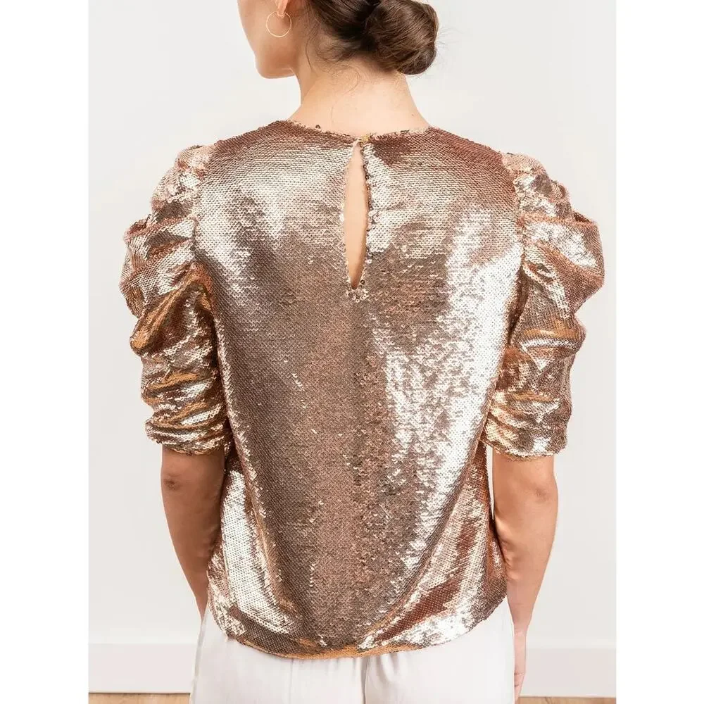 Ulla Johnson Rae Sequin Blouse Size 2 Rose Gold Puff Sleeve Party Top Metallic